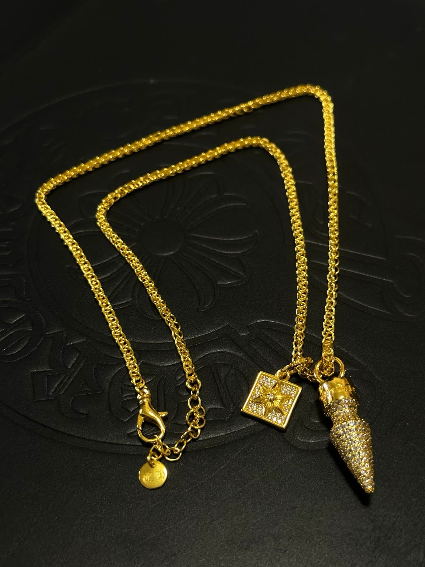 Chrome Hearts Gold Plated Diamond-Studded Necklace with Star and Spike Pendant